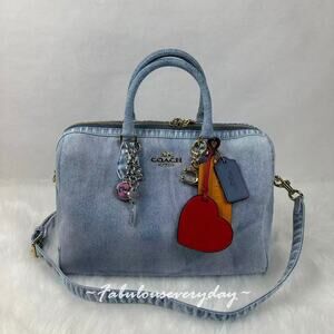 Coach CDY75 Rowan Large Satchel Bag In Loved Denim With Charms Light Indigo NWT